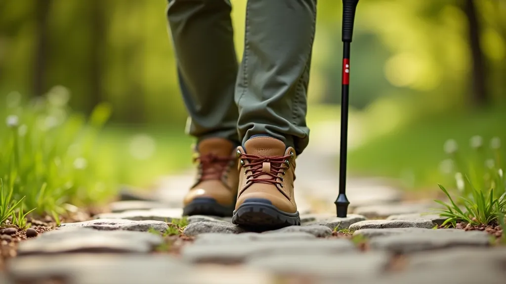 Blízko pohled na pohodlné pěší boty a walking holí na kamenné cestě v parku